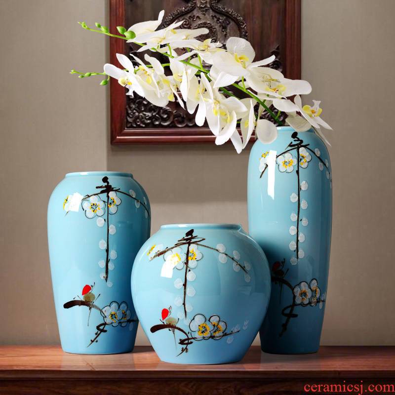 Modern new Chinese ceramics hand - made white name plum bottle three - piece household living room TV cabinet decorative furnishing articles arranging flowers