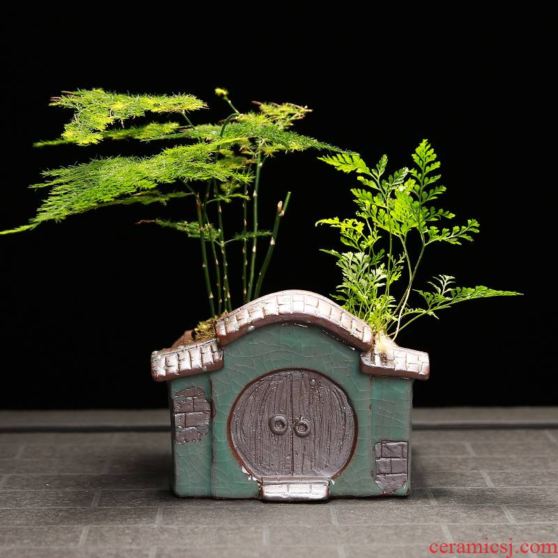 Flowerpot ceramic creative Chinese style house, elder brother up indoor green, the plants potted meat more desktop calamus asparagus bonsai pot