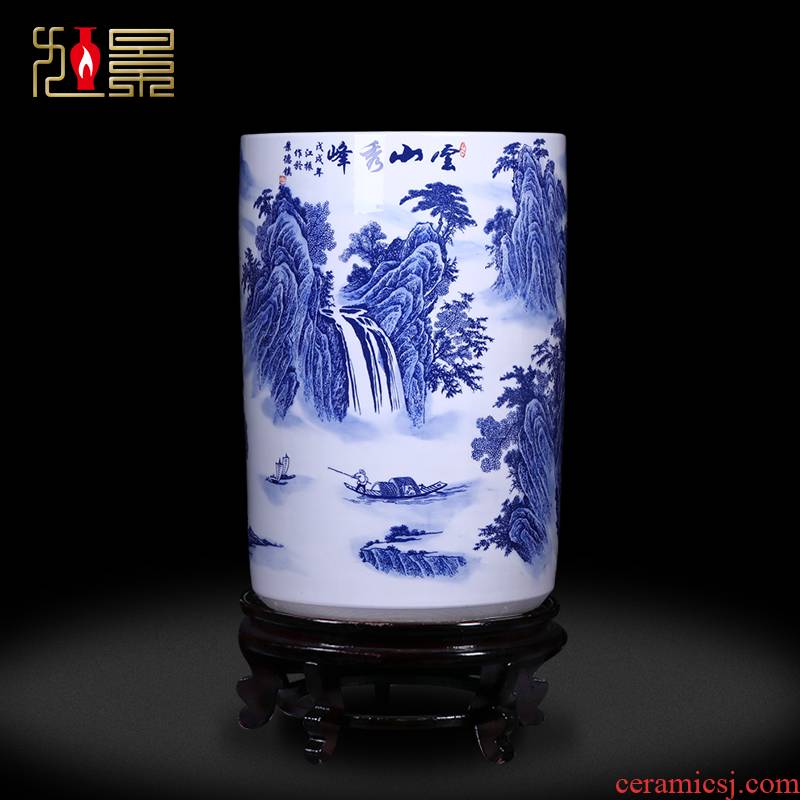 Blue and white landscape ceramic painting and calligraphy scrolls cylinder straight new Chinese style living room floor jingdezhen vase receive furnishing articles
