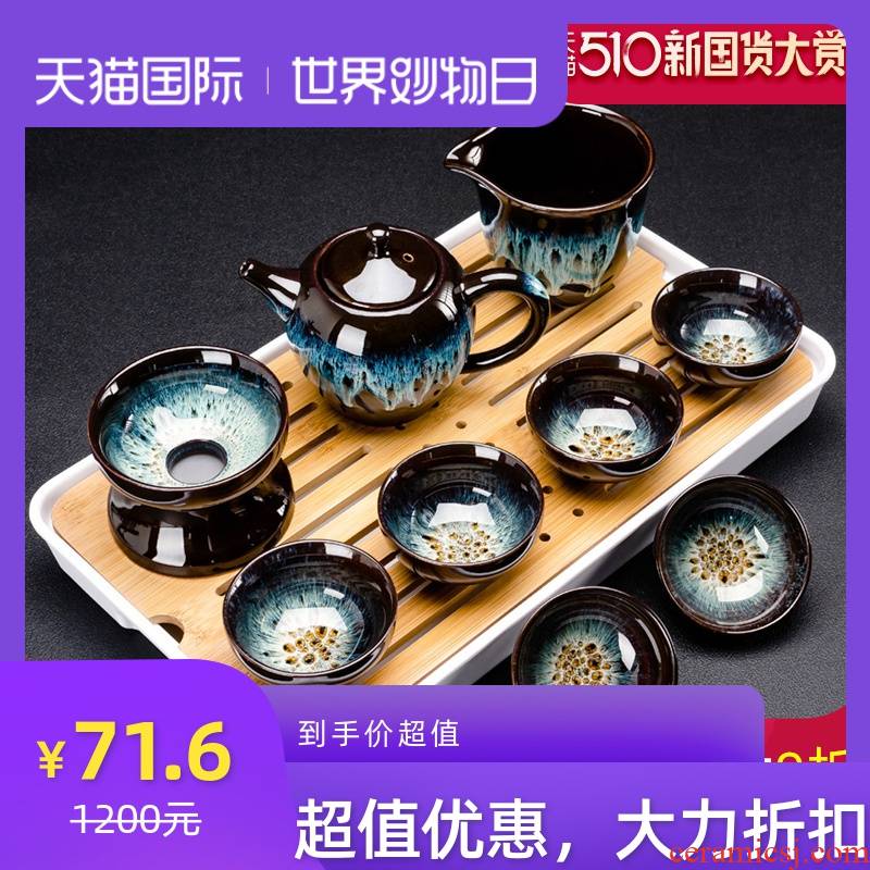 Build light tea set household kung fu tea cups of a complete set of ceramic teapot up temmoku glaze up alluvial gold tea ware