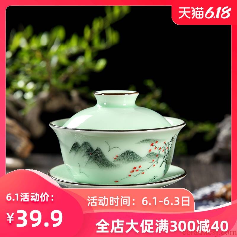 The Home of kung fu tea set longquan celadon ceramics hand - made tureen tea cup bowl bowl three cups of small size