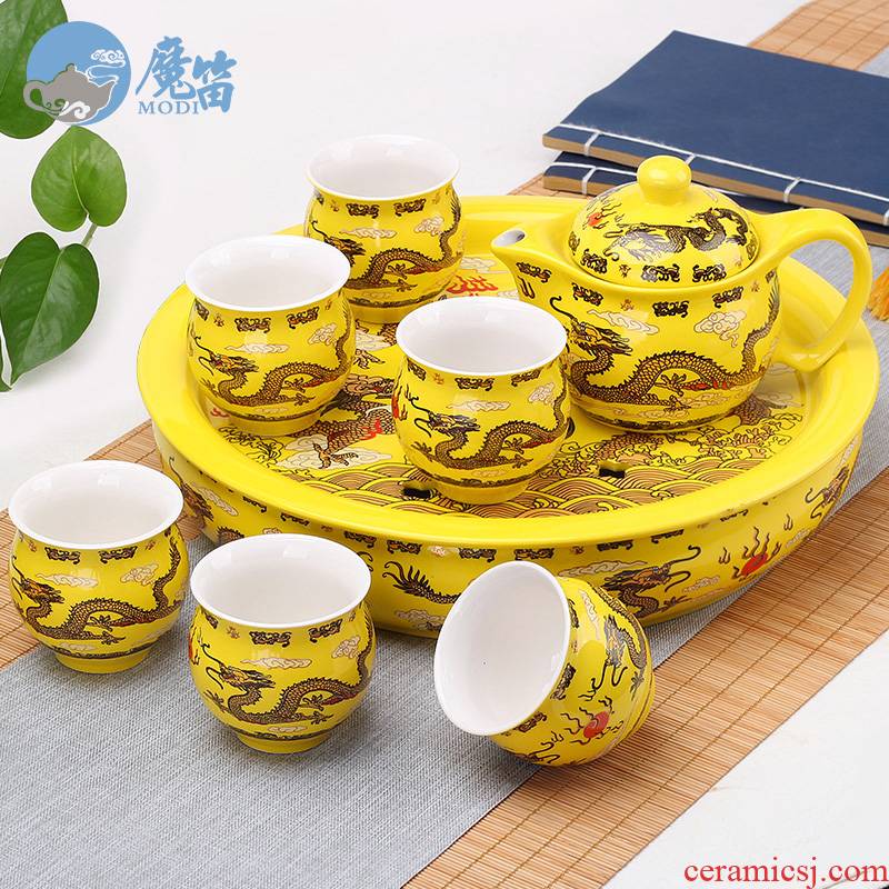 The flute ceramic tea set household kung fu tea cup teapot double circular ground hot office to receive a visitor