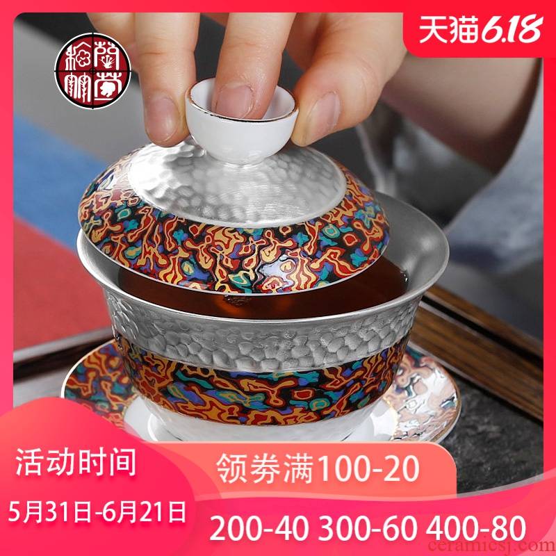 Hand grasp colored enamel tureen Chinese silver cups kung fu tea bowl Hand large jingdezhen three cups of household