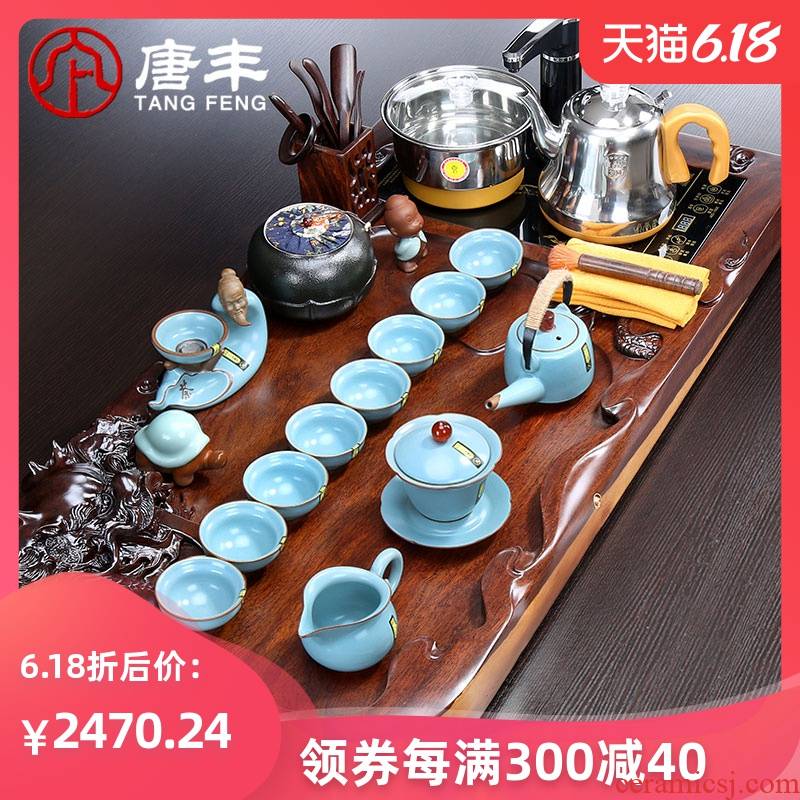 Tang Feng the whole piece of solid wood ebony wood tea tray was purple sand tea set kung fu of a complete set of four tea and tea set z