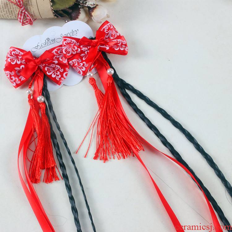 Blue and white porcelain wig braided hair clips, cloths bowknot steamer pearl tassel tire hanfu deserve to act the children