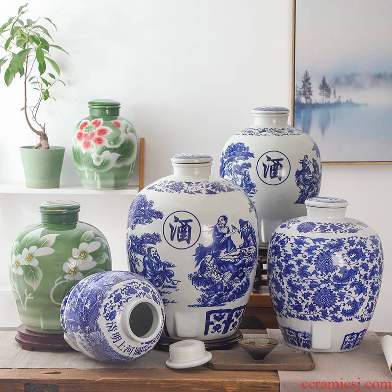 Blue and white porcelain jars of jingdezhen ceramic bottle aged wine into 10 jins 50 kg sealed empty wine tanks have the dragon 's head