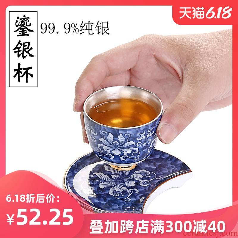 The Master cup single cup 999 sterling silver cup tea blue - and - white porcelain sample tea cup, kung fu tea bowl coppering. As silver cup