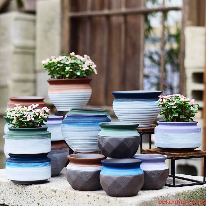 Simple move flower pot in ceramic new desktop combine coarse pottery breathable household violet arenaceous green plant pot much meat basin