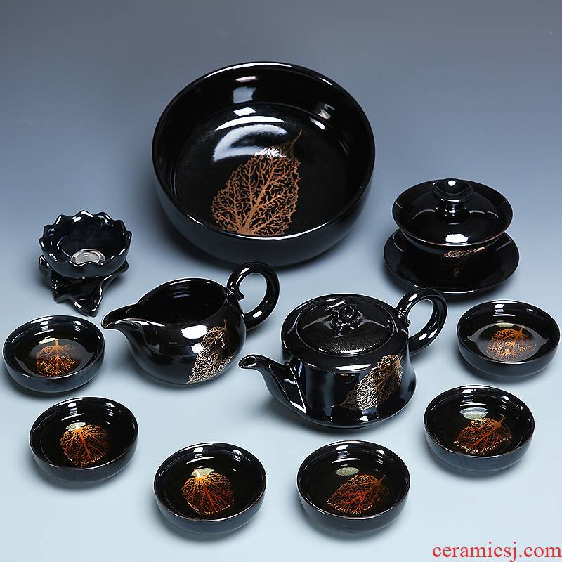 Gold konoha built lamps of a whole set of kung fu tea set home tea temmoku glaze ceramic cups lid to use by hand