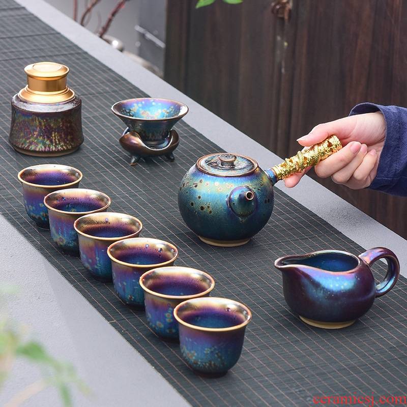 Hk xin rui building light tea set 7 see colour red glaze, glaze up kung fu tea sets ceramic tea set by the peacock