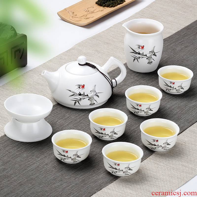 The flute ceramic kung fu tea set household teapot contracted and I tea cups dehua white porcelain small set of ideas