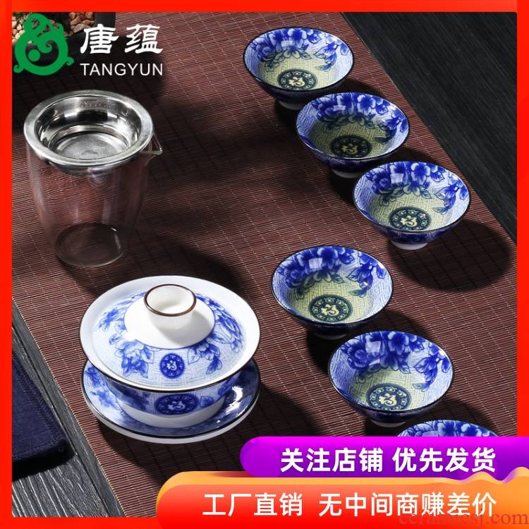 Kung fu tea set tea for tea tureen large tea cups of blue and white porcelain bowl only three bowl of jingdezhen ceramics