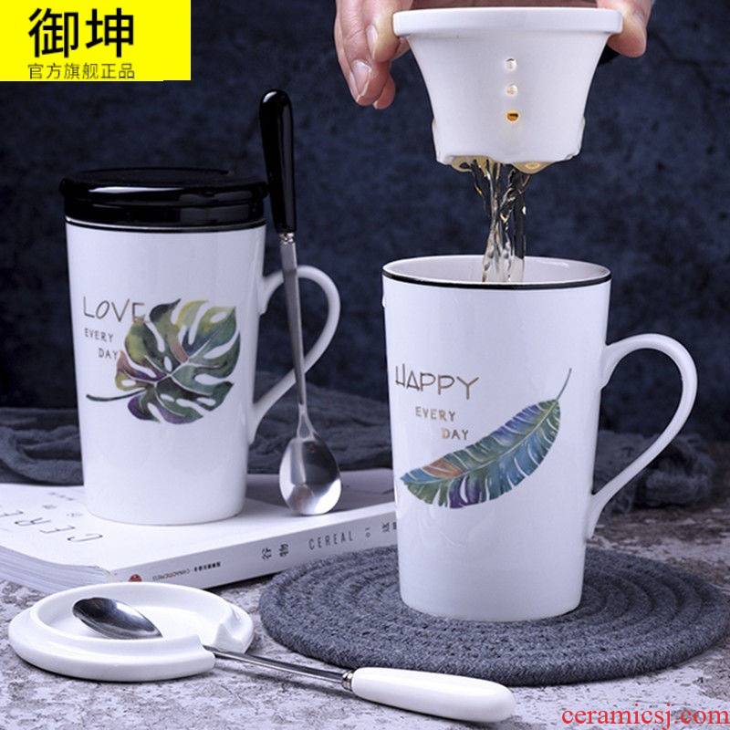 Creative ceramic cup large - capacity glass mugs couples contracted milk cup with cover office cup single cup with a spoon