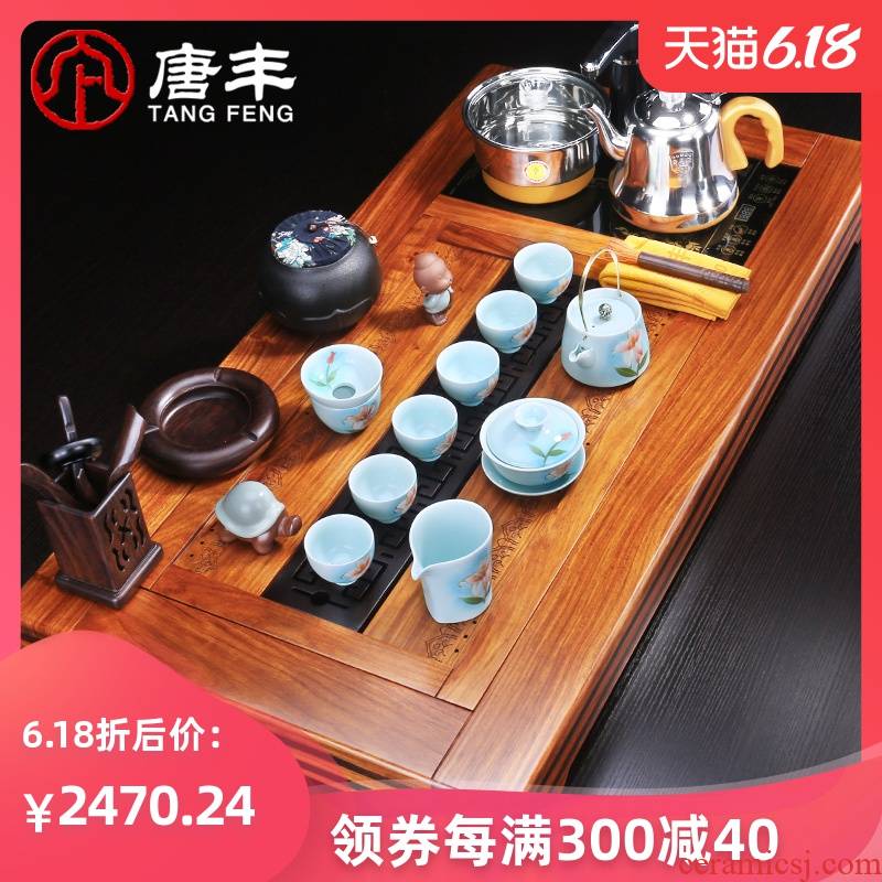 Tang Feng kung fu tea set suits for large hua limu tea tray was four unity of electric heating furnace of a complete set of European tea home z