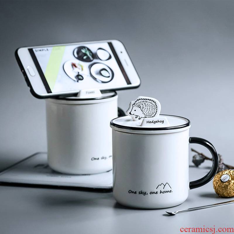The Home office coffee cup keller spoon with lid ceramic cartoon water put to as creative cup mobile phone