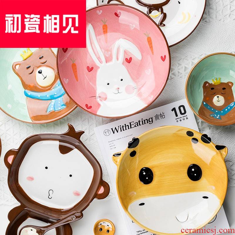 Early meet porcelain ceramic infants separated plate set points, lovely cartoon kids home non - toxic baby