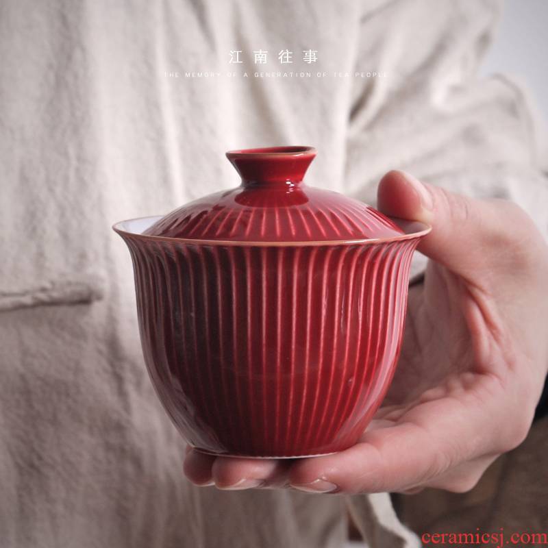 Jiangnan water streaks past glaze tureen kung fu tea set ceramic cups three to make tea tureen household small bowl