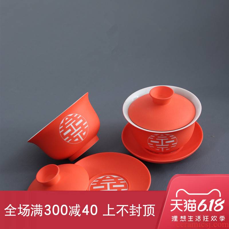 New Chinese style wedding tea tureen one hundred good double happiness ceramic wedding tableware happy character to bowl bowl three pair