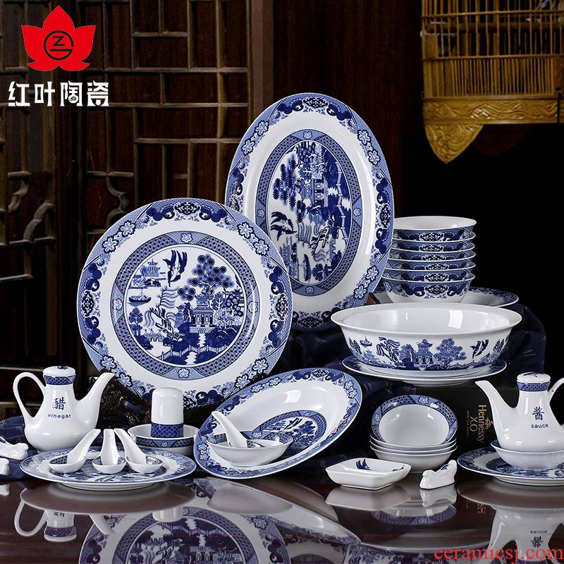 Red porcelain jingdezhen Chinese dishes dish suits for glair blue and white porcelain high temperature 62 head of classical gardens
