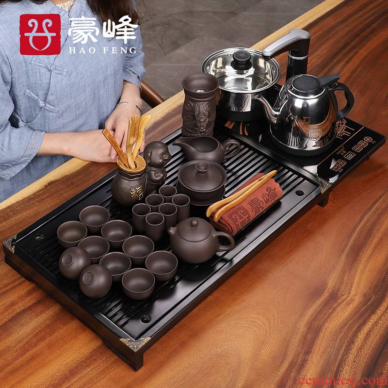 HaoFeng kunfu tea table kettle body electric magnetic furnace solid wood tea tray was purple sand tea set gift boxes