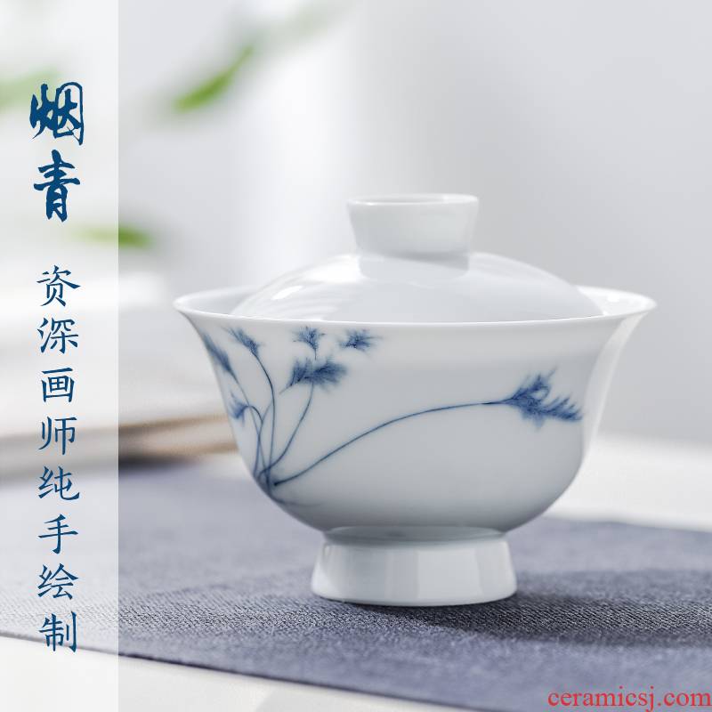 The Escape this hall jingdezhen blue and white porcelain tureen suits for three cups to make tea cup pure manual household kung fu tea set