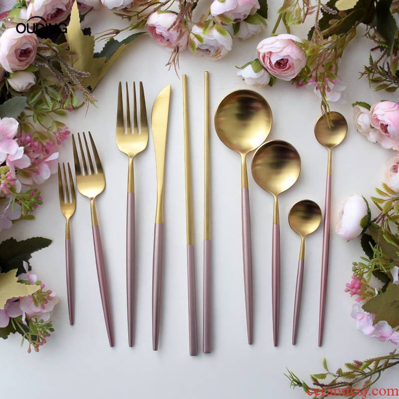 OUDING cherry blossom put pink gold knife and the fork INS steak knife and fork suit household fork spoon stainless steel western tableware