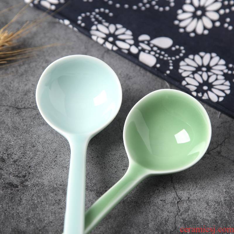 Longquan celadon straight shank tablespoon of surface of pottery and porcelain spoon household porridge spoon, deepen large - sized long handle points soup spoon, creative spoons