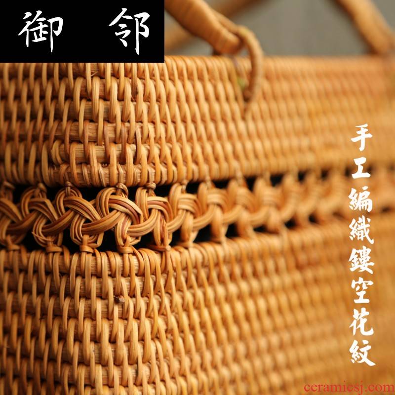 Ct one the cane top service up handbag hollow - out decorative pattern rattan cane straw vega packages in cotton and linen lining tea set to receive bulk