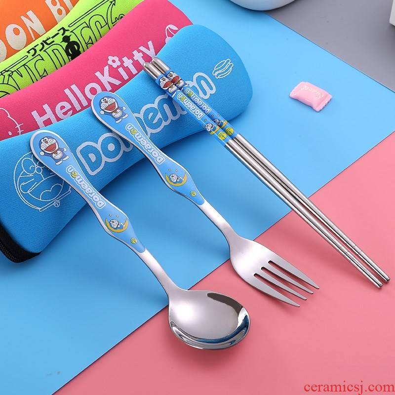Set three south Korean children portable tableware chopsticks spoons babies receive bag pupil stainless steel, stainless steel