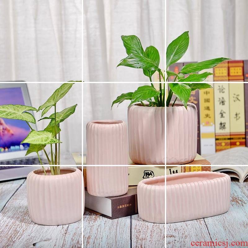 Ceramic package mail 】 【 matt frosted pink stripe high meat round oval pot hydroponic the plants flower receptacle