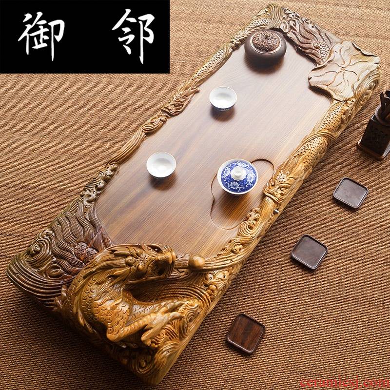 Green, sandal wood tea tray, the whole piece of solid wood home tea trumpet tea sea dragon carved its tea tray