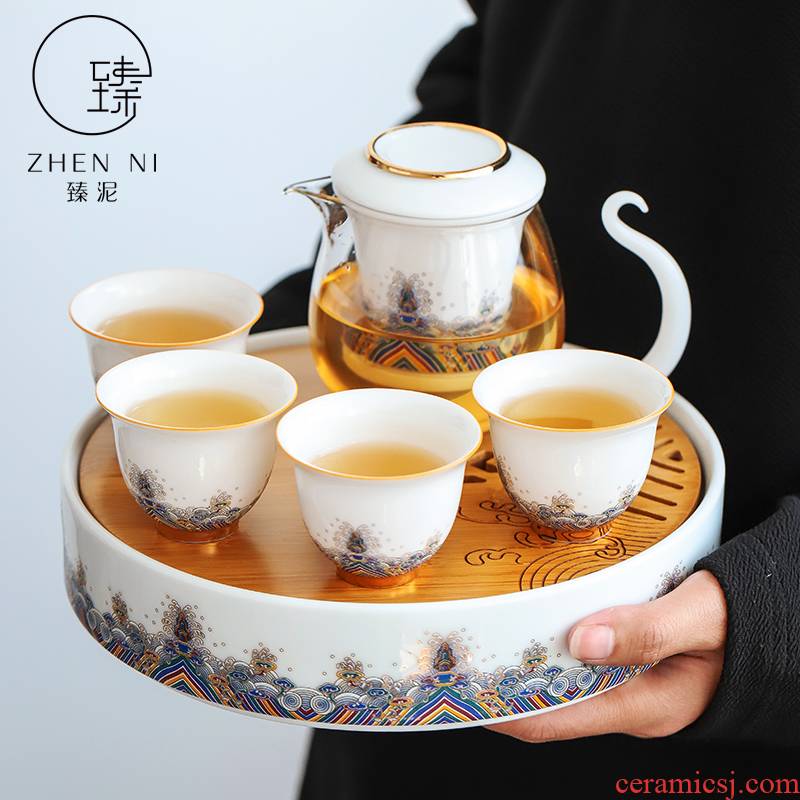 By mud colored enamel glass of black tea tea ware household ceramics filter teapot contracted tea tray cups little suit