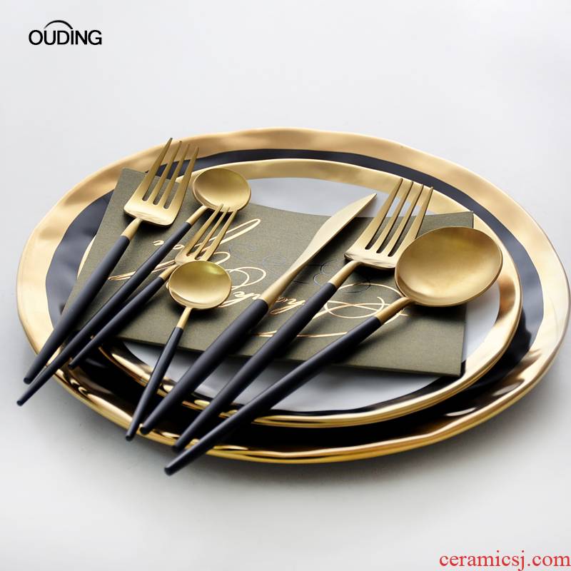 OUDING joker black gold knife and the fork stainless steel knife and fork spoon, west cutlery fork long - handled spoons steak knife and fork spoon