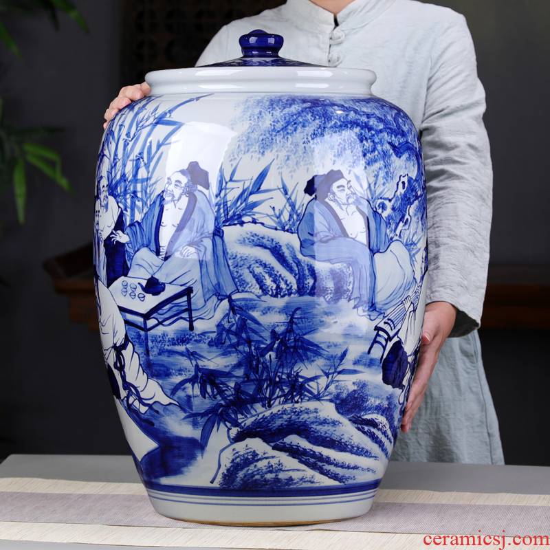 Character hand - made of pu 'er tea pot large blue and white porcelain ceramic pot bamboo seven sages super heavy tea urn tea cake tin