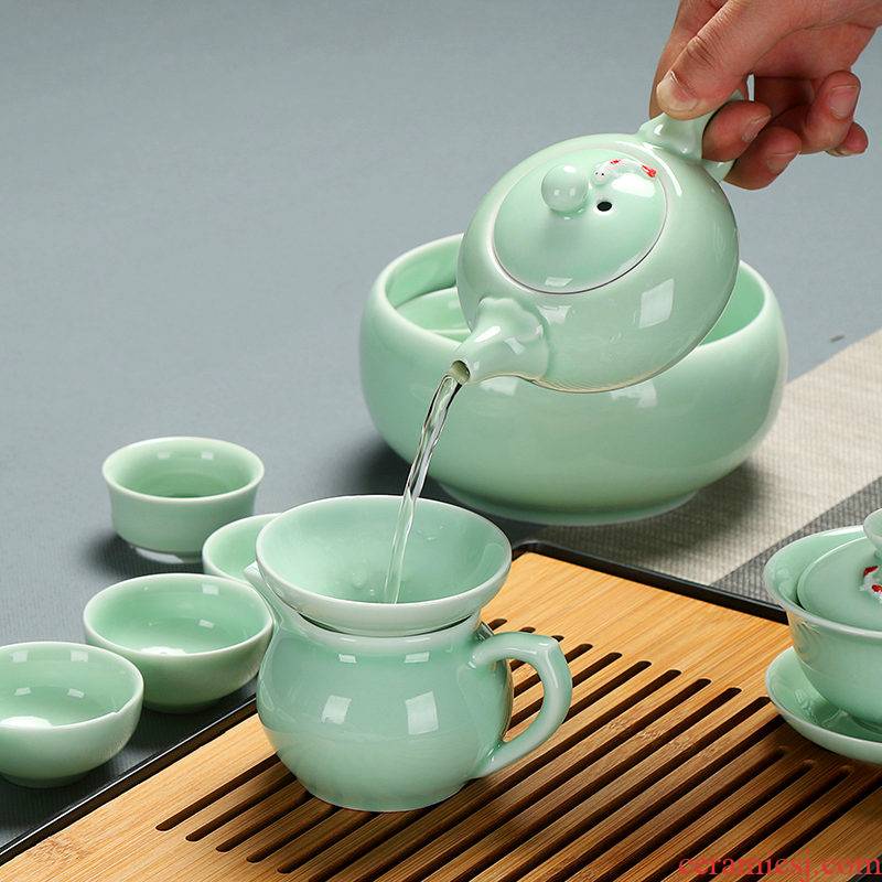T celadon kung fu tea set home office ceramic carp tureen teapot tea cups to wash to the whole set of ground