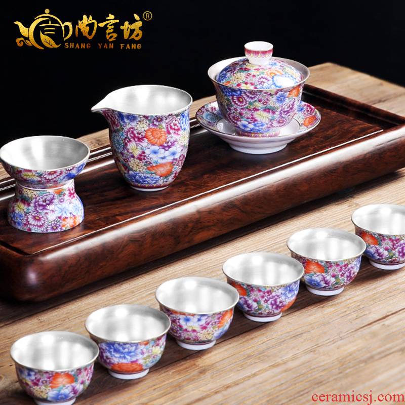 It still fang home tasted silver gilding kung fu tea tea set ceramic enamel teapot tea silver restoring ancient ways