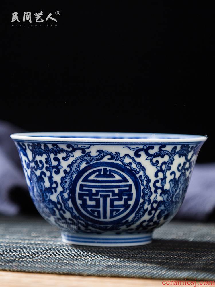 Folk artists hand - made group long - lived grain master of blue and white porcelain cup single CPU jingdezhen ceramic kung fu big cups sample tea cup