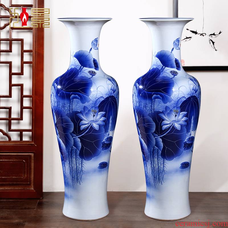 Jingdezhen blue and white lotus hand - made ceramic large vases, feng shui home sitting room adornment is placed hotel company