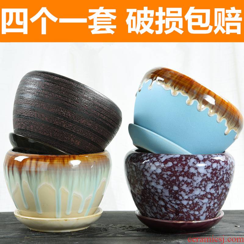 Four flower pot ceramic creative contracted large special offer a clearance with tray was meat meat meat more than other move flower pot