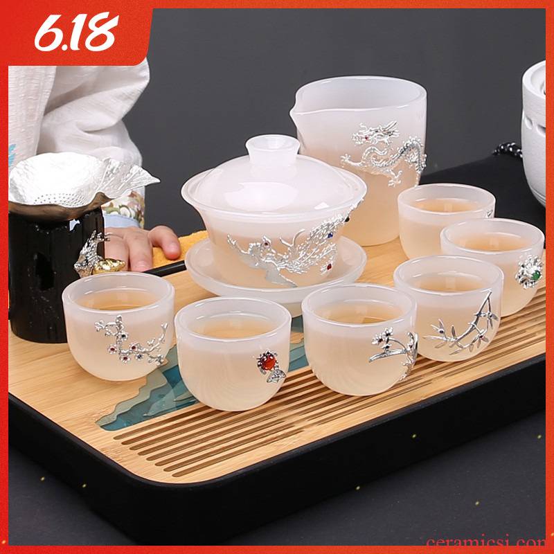 Coloured glaze kung fu tea set suit white jade porcelain coppering. As silver tea set household glass teapot teacup silver tea gift box