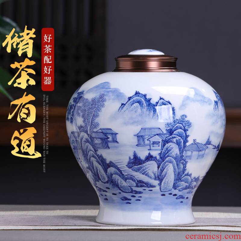 Vintage blue and white tea pot ceramic big yards general gift box jingdezhen ceramics seal pot of green tea storage tanks