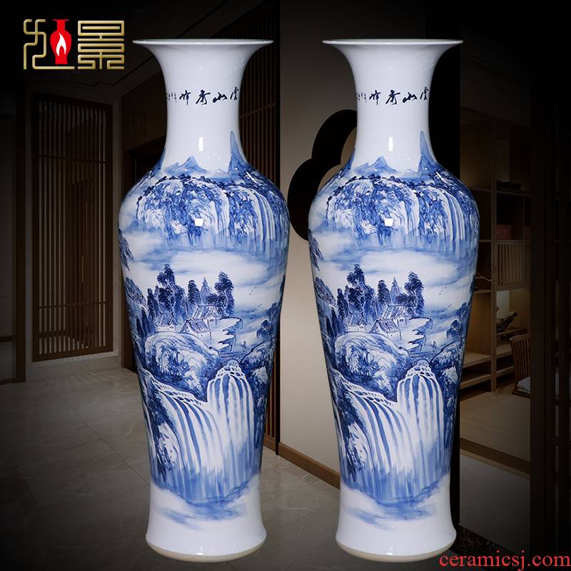 Jingdezhen ceramics hand - made all blue and white landscape of large vases, Chinese style household adornment is placed a new living room