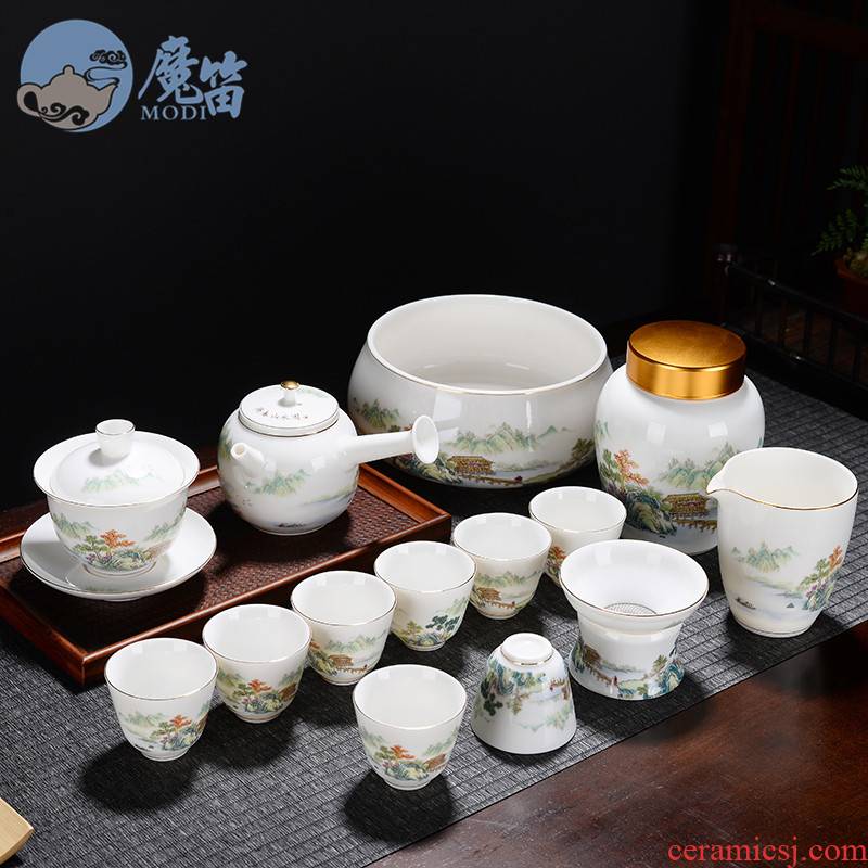 The flute dehua white porcelain tea set household suet jade kung fu contracted tea cups lid bowl of a complete set of cups