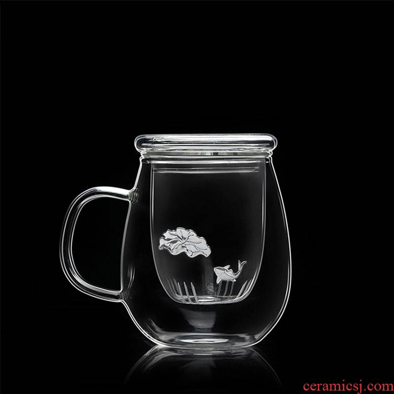 Hk xin rui silver "bringing more transparent heat - resistant glass office tea water separation filter with cover flower tea cups