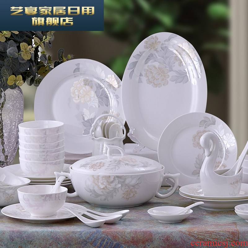 3 PLT ipads porcelain tableware suit Chinese style kitchen dishes dishes household tableware ceramic bowl with chopsticks