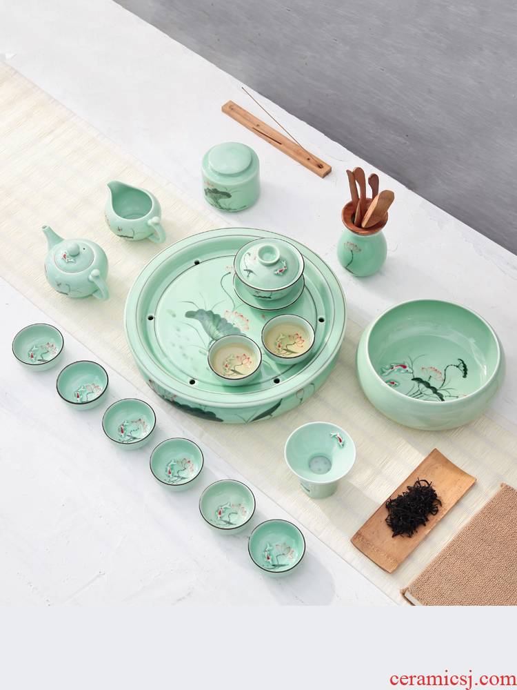 The Household of Chinese style longquan celadon ceramics hand - made lotus ceramics kung fu tea set teapot teacup tea tray is contracted