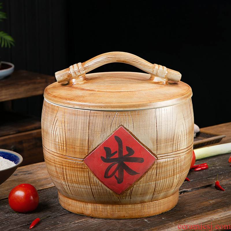 Jingdezhen ceramic barrel home 10 jins 20 to 30 jins imitation solid wood with cover seal moisture insect - resistant old ricer box