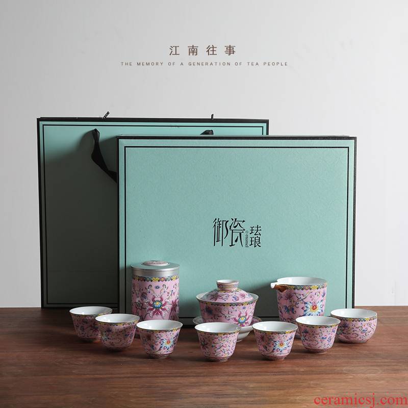 Jiangnan past colored enamel porcelain kung fu tea set suit household tureen tea cup of the tea pot of a complete set of gift boxes