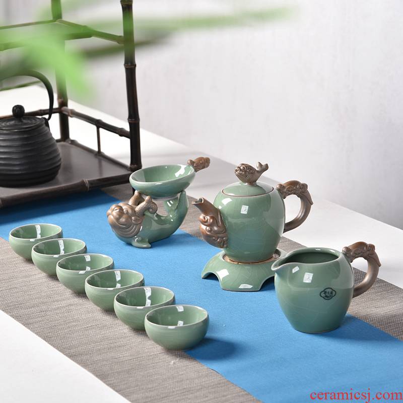 Into this creative celadon monkey elder brother up with ceramic tea set pot bearing a piece of ice to crack glaze kung fu tea set a complete set of the teapot