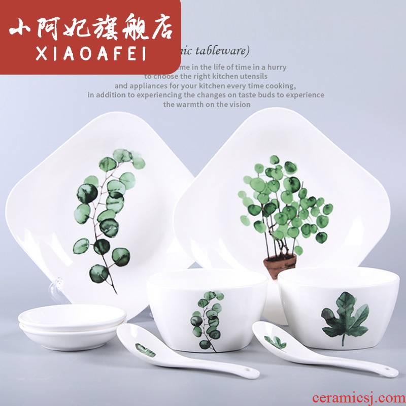 Nordic ceramic tableware, creative green plant plates ceramic bowl combined household bowls plates suit ceramic dish bowl